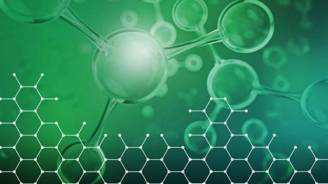 Green graphic depicting abstract molecule structures